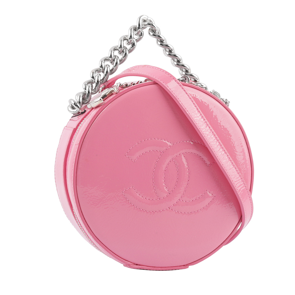【CHANEL】銀鏈漆皮手提斜背二用圓餅包(粉紅色)