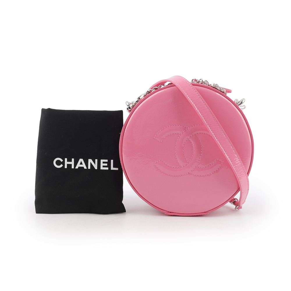 【CHANEL】銀鏈漆皮手提斜背二用圓餅包(粉紅色)