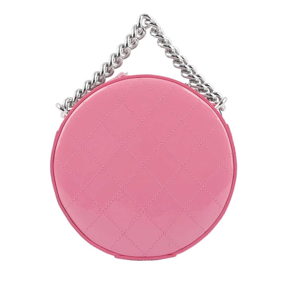 【CHANEL】銀鏈漆皮手提斜背二用圓餅包(粉紅色)