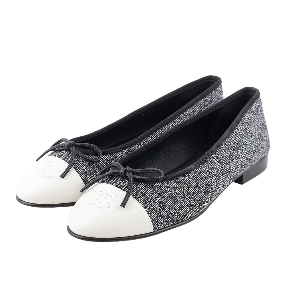 【CHANEL】蝴蝶結拼色娃娃鞋 37.5(黑色/白色) G02819 Y55225 K2794