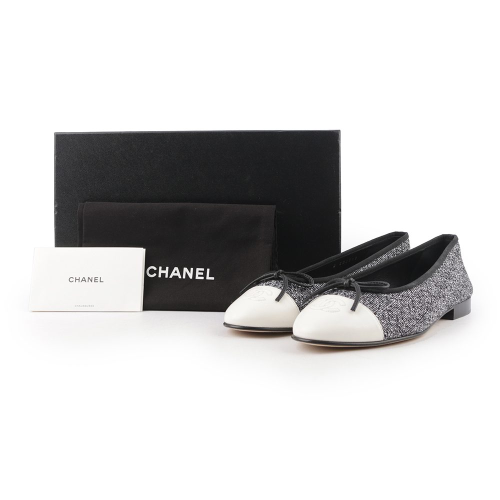 【CHANEL】蝴蝶結拼色娃娃鞋 37.5(黑色/白色) G02819 Y55225 K2794