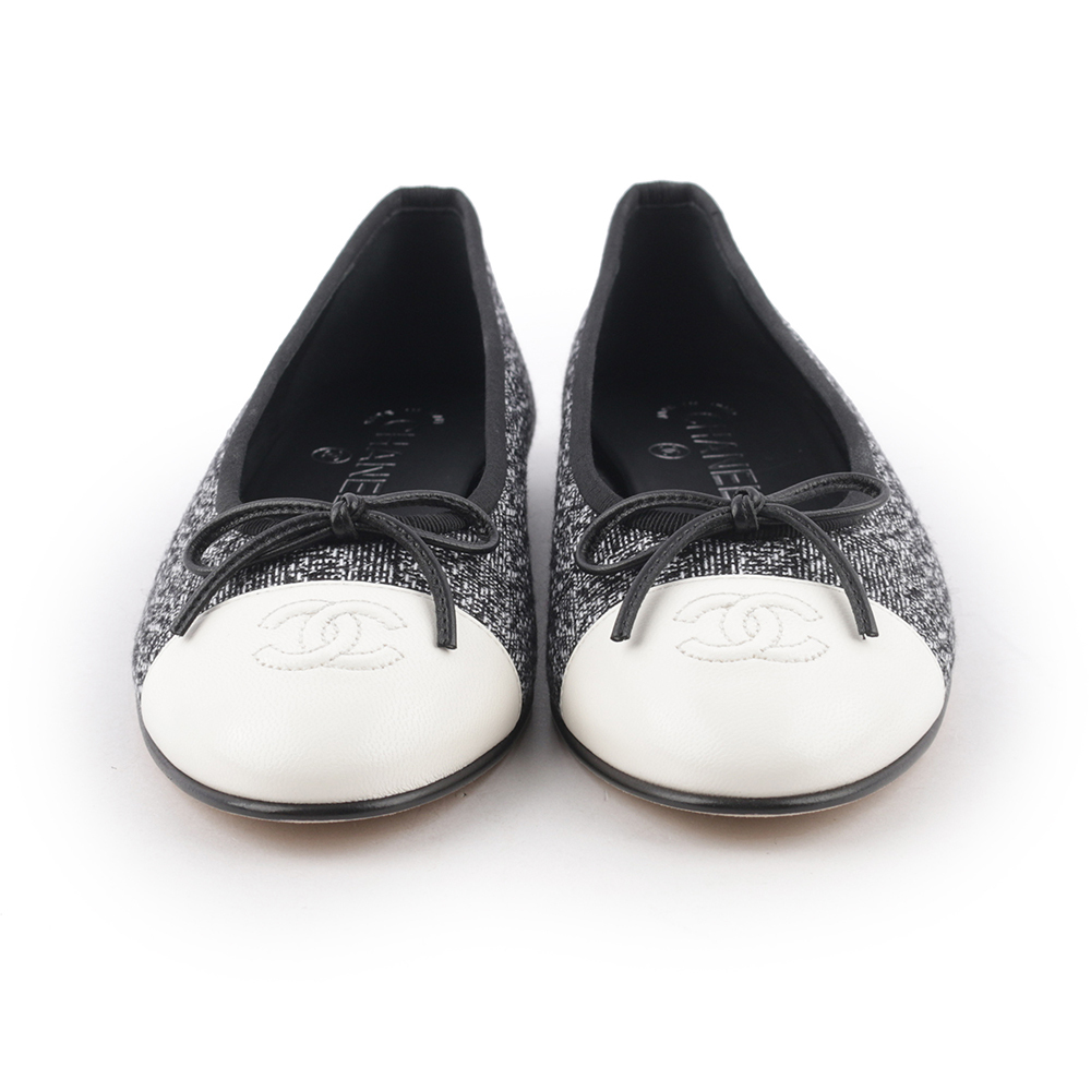 【CHANEL】蝴蝶結拼色娃娃鞋 37.5(黑色/白色) G02819 Y55225 K2794