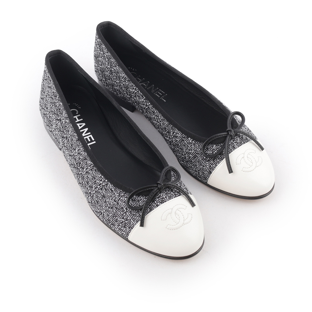 【CHANEL】蝴蝶結拼色娃娃鞋 37.5(黑色/白色) G02819 Y55225 K2794