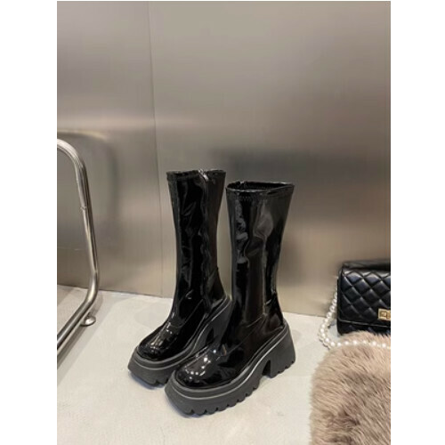 Patent leather platform sole heightened elastic boots (medium)