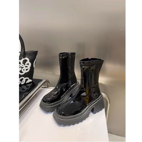 Patent leather thick-soled heightened elastic boots (short tube)