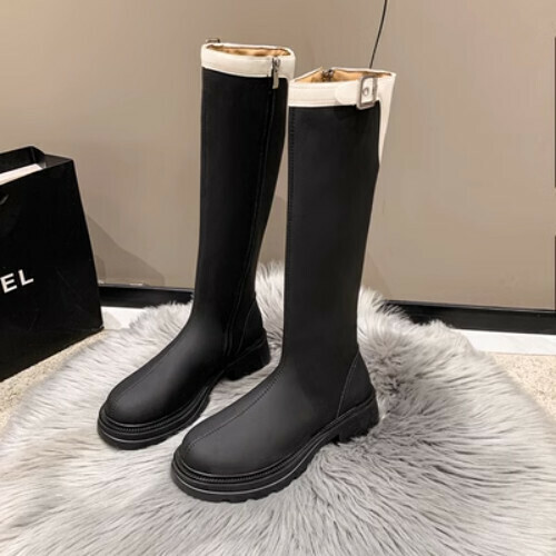 Color-blocked side zip-up slim tall boots