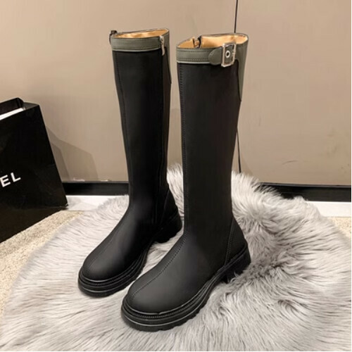 Color-blocked side zip-up slim tall boots