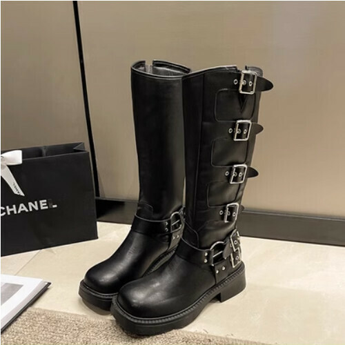 Versatile leather buckle high boots
