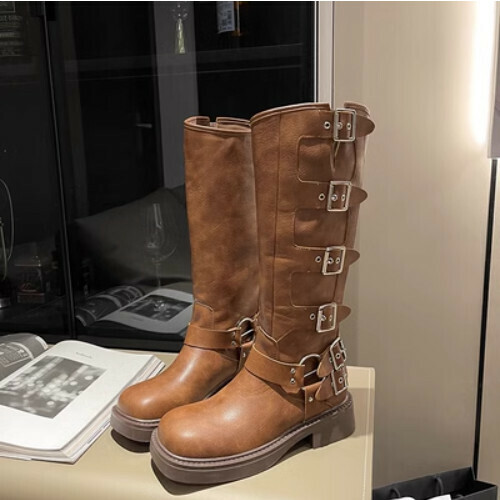 Versatile leather buckle high boots