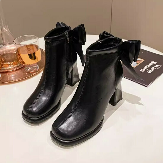 Square toe bow thick heel short boots