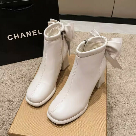 Square toe bow thick heel short boots