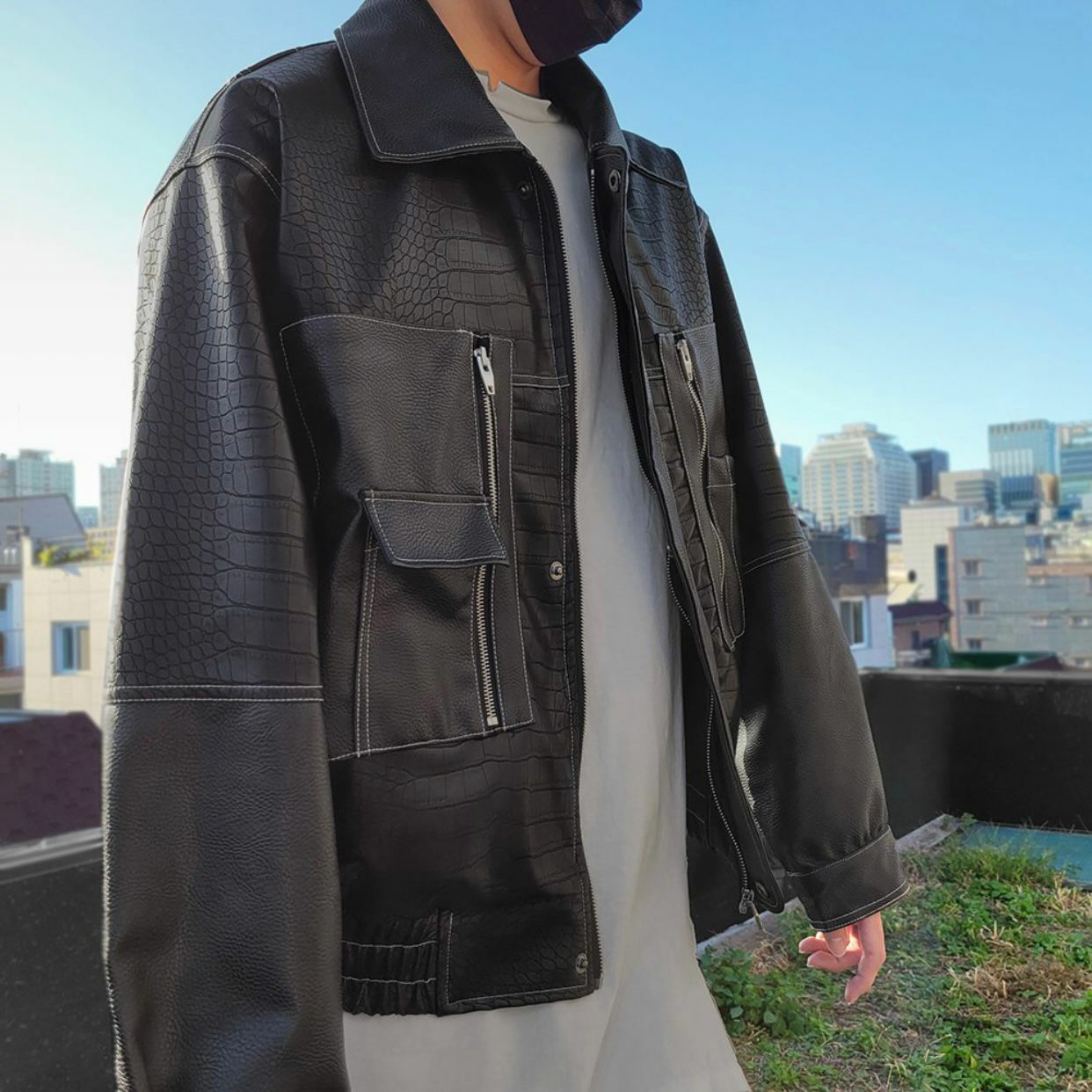 反領暗蛇紋拉鍊合成皮褸 JK2423