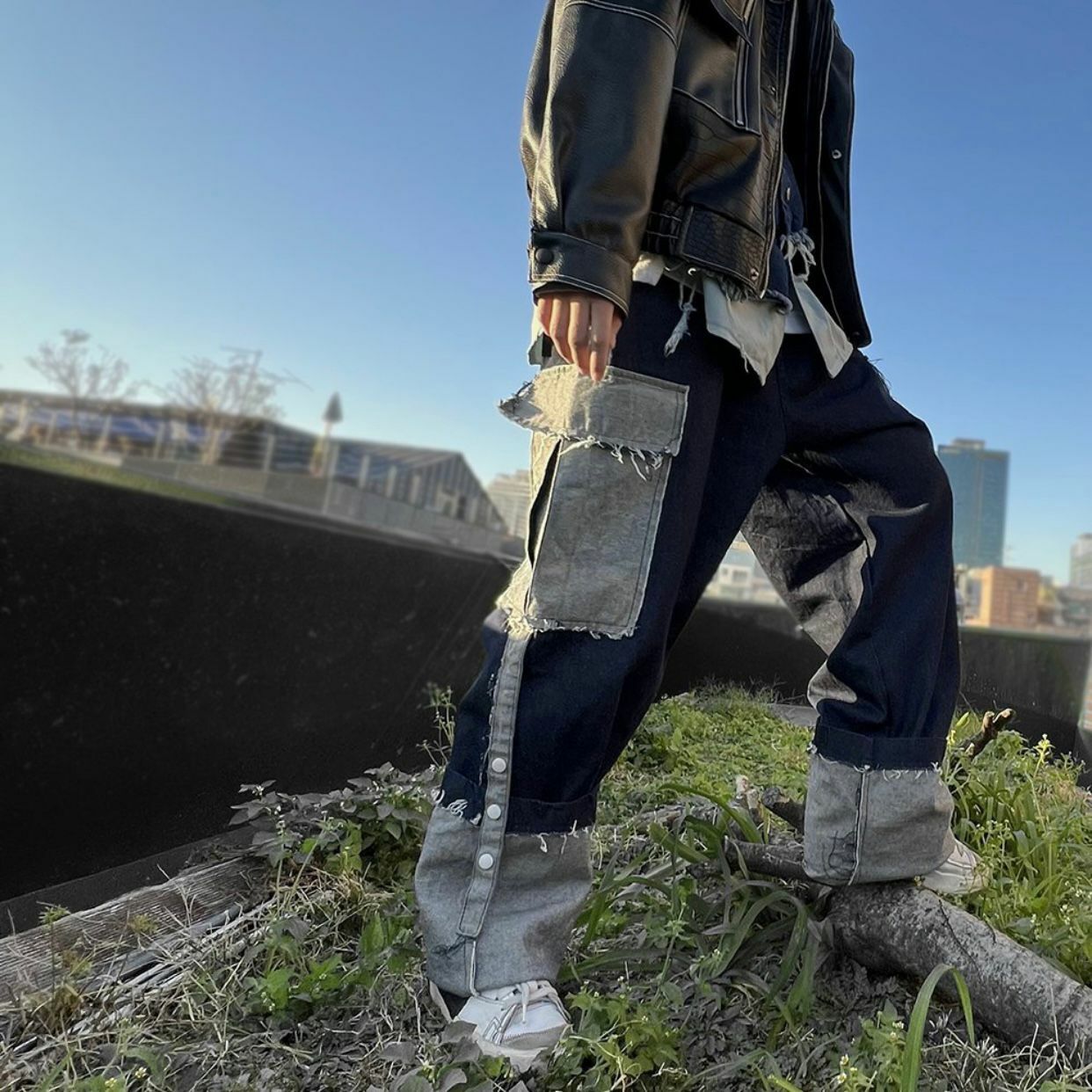 拼色工裝鬆身牛仔褲 P2657