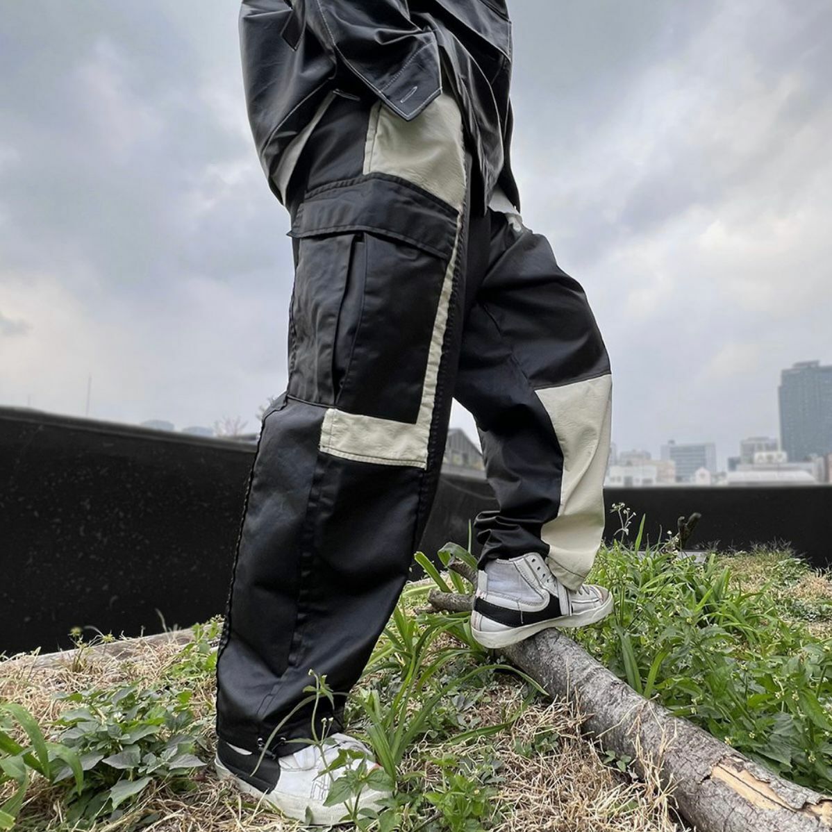 拼色工裝可束腳鬆身褲 P2658