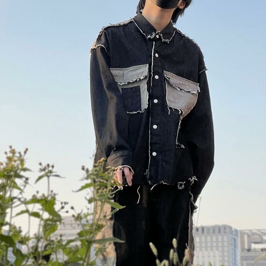 拼色牛仔長袖恤衫 S2198