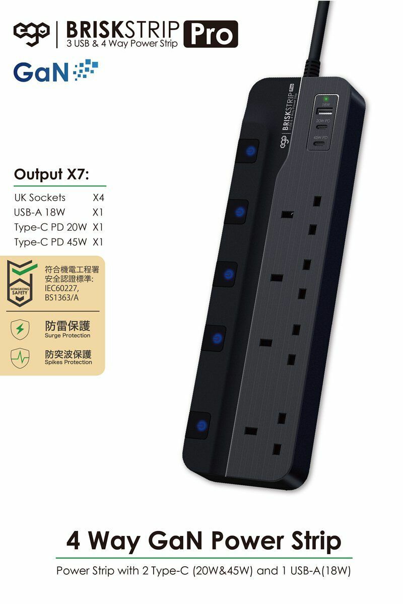EGO BRISK STRIP 專業版 氮化鎵 3USB & 4插口防雷拖板