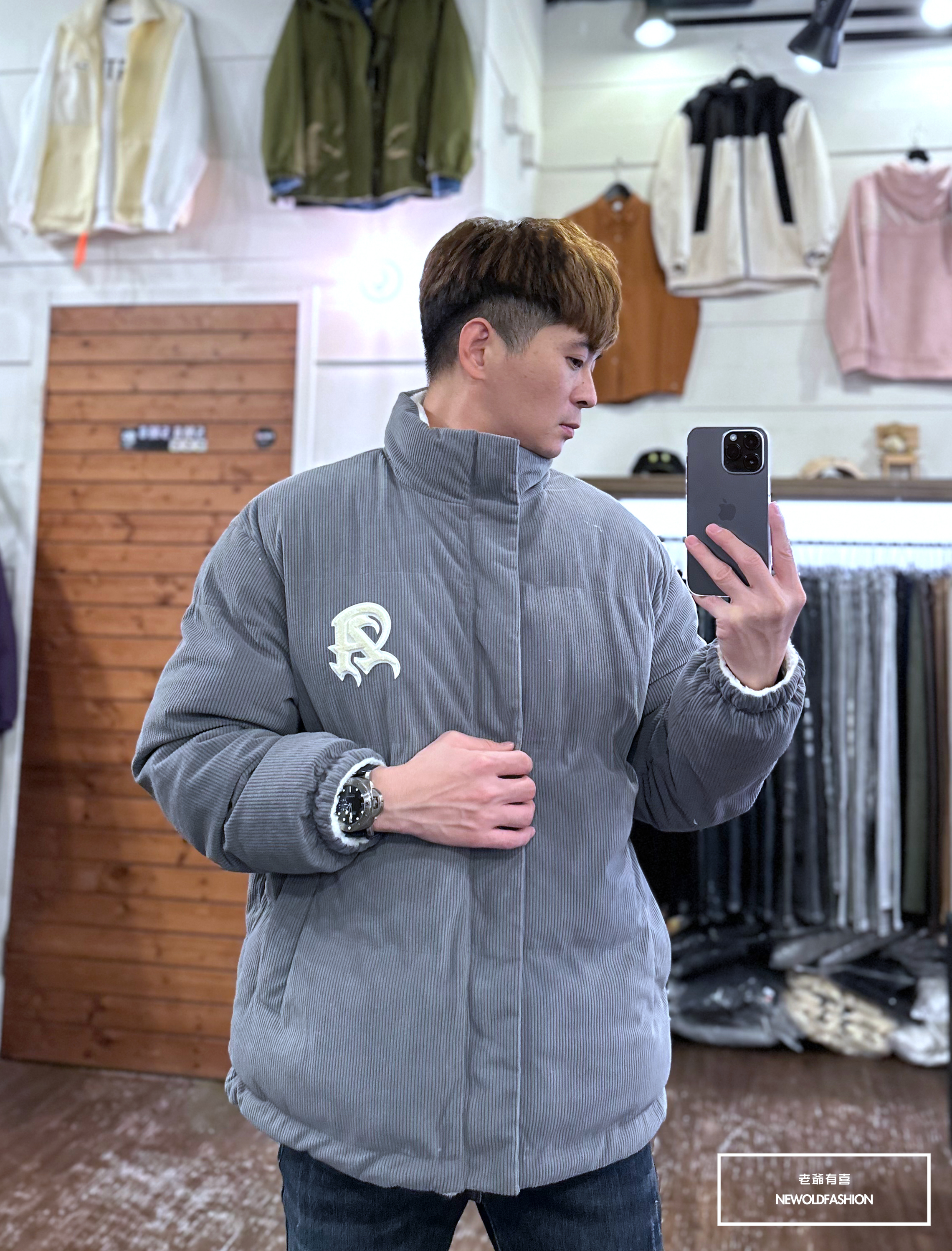 『新品上市』重磅燈芯絨刺繡雙面穿外套-灰藍(NOF23115252)