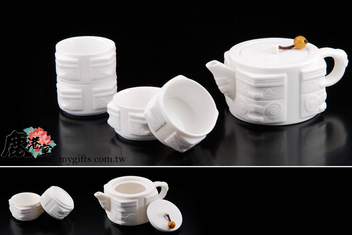 玉砂白瓷器茶具組｜四方如意1壺4杯禮盒 高雅品茗收藏送禮首選