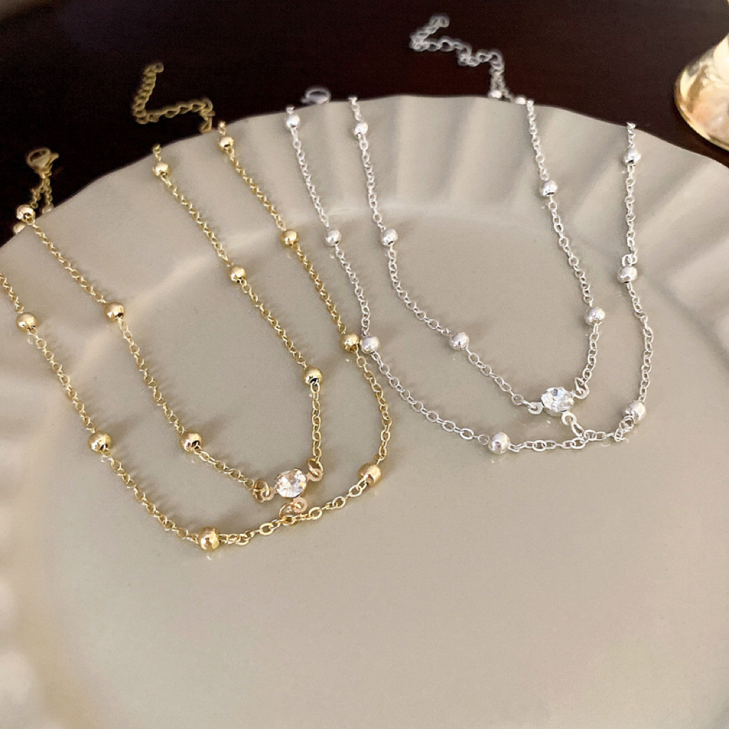 蕾絲水鑽金銀雙層網項鍊