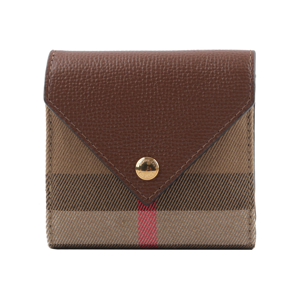 【BURBERRY】Lila 經典格紋帆布及牛皮信封式三折短夾(棕褐色) 80731471