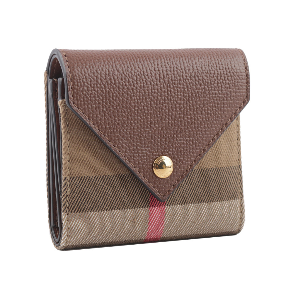 【BURBERRY】Lila 經典格紋帆布及牛皮信封式三折短夾(棕褐色) 80731471