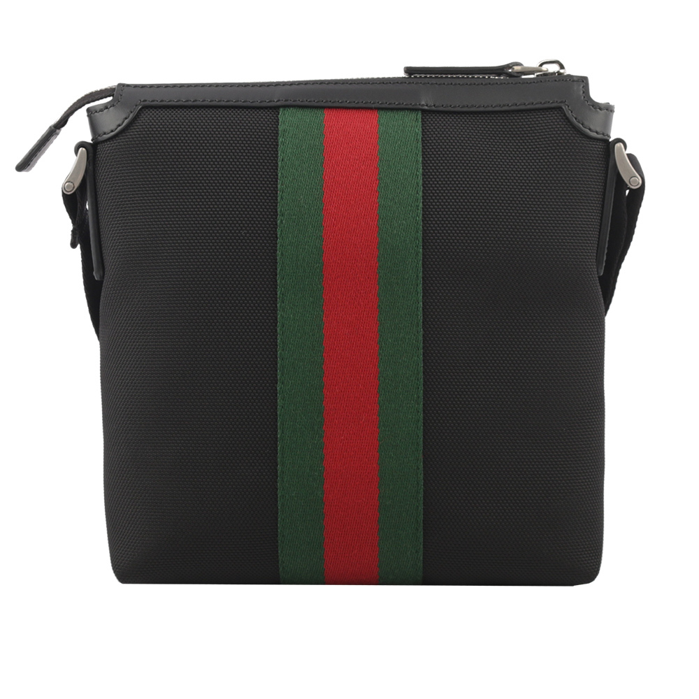 【GUCCI】綠紅織帶帆布小款郵差斜背包(黑色) 631195 KWT7N 1060