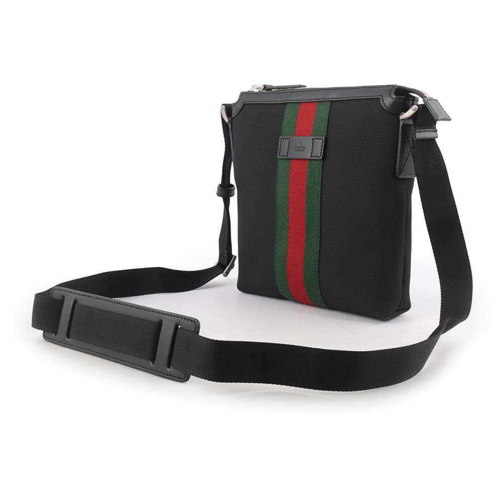 【GUCCI】綠紅織帶帆布小款郵差斜背包(黑色) 631195 KWT7N 1060