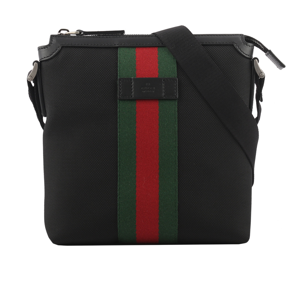 【GUCCI】綠紅織帶帆布小款郵差斜背包(黑色) 631195 KWT7N 1060