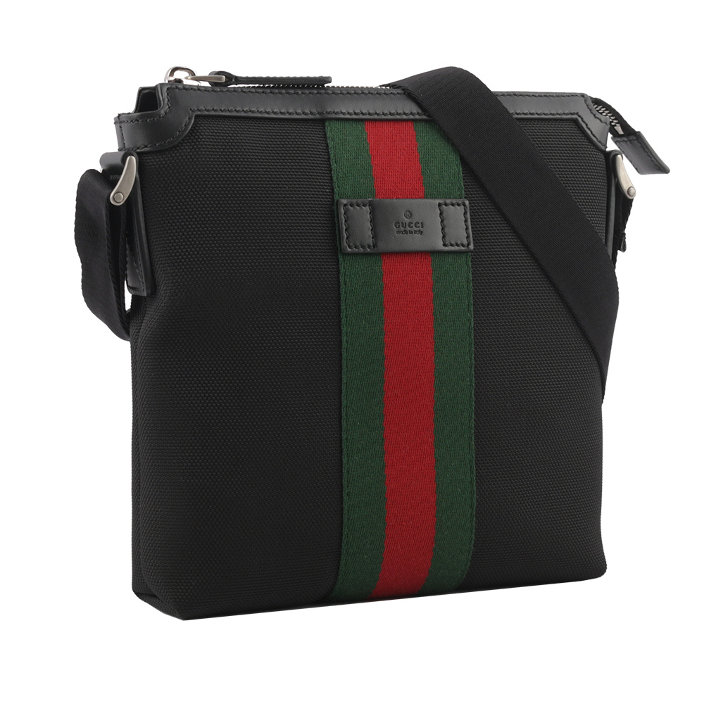 【GUCCI】綠紅織帶帆布小款郵差斜背包(黑色) 631195 KWT7N 1060