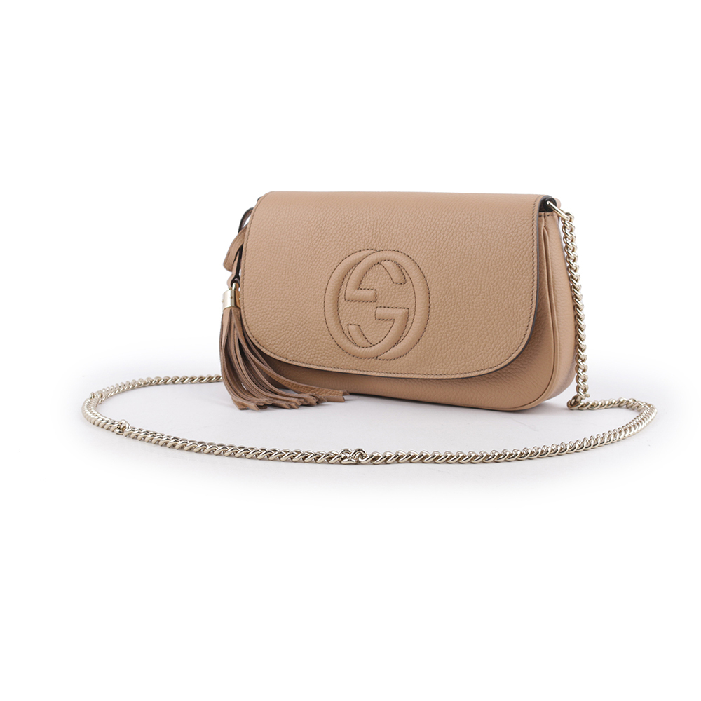 【GUCCI】SOHO 系列流蘇牛皮翻蓋二用包(裸粉色) 536224 A7M0G 2754