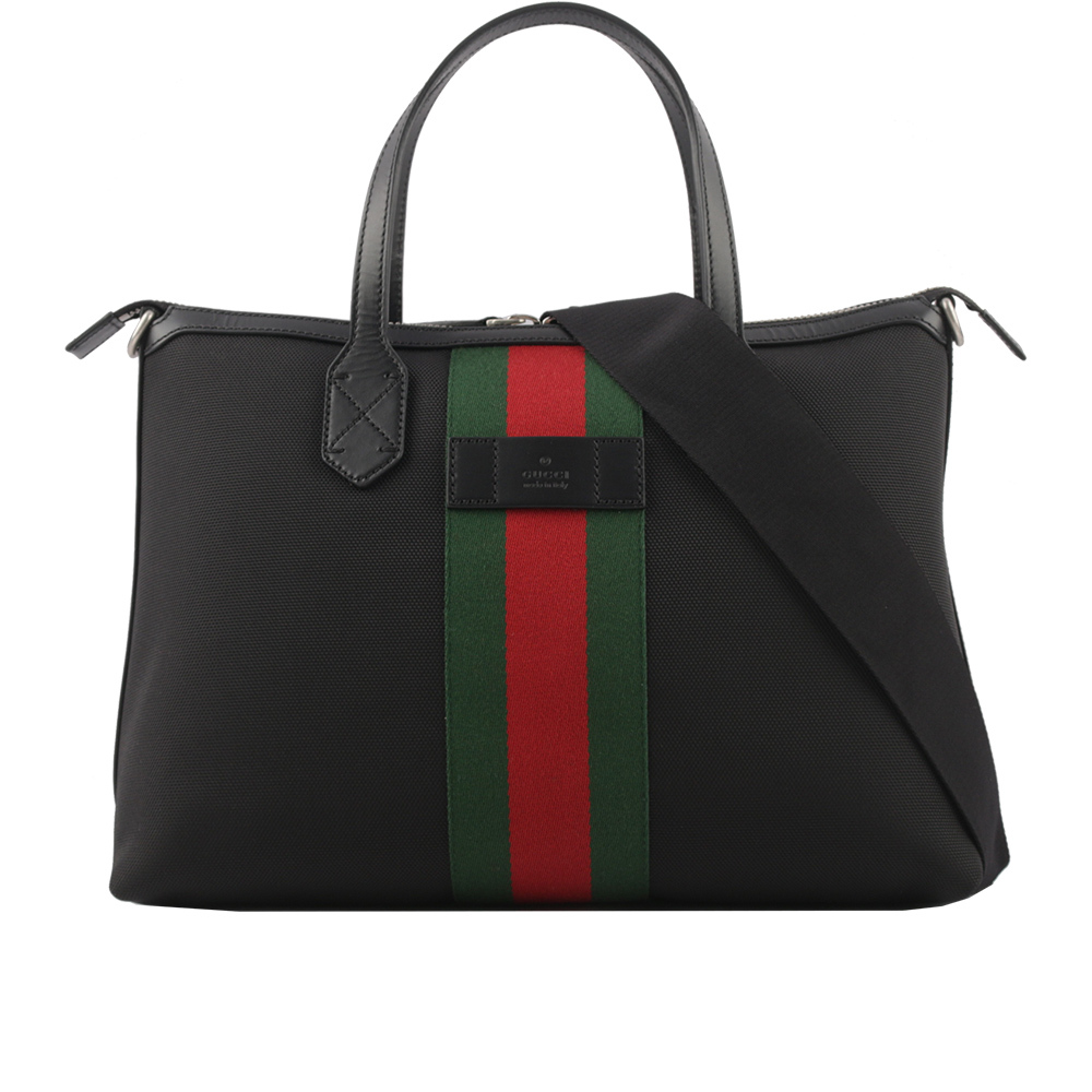 【GUCCI】科技尼龍綠紅織帶梯形手提/斜背二用包