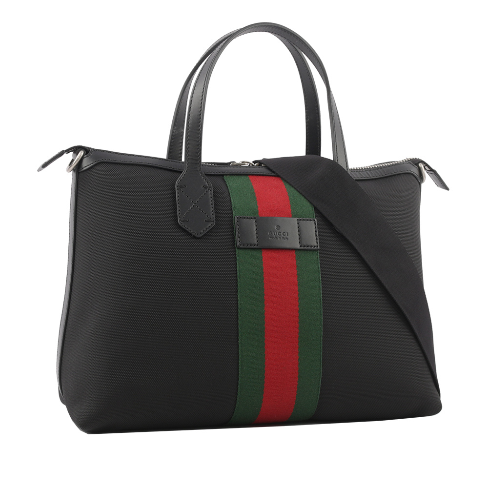 【GUCCI】科技尼龍綠紅織帶梯形手提/斜背二用包