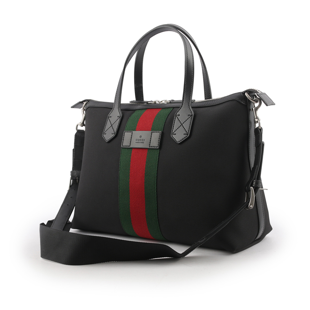 【GUCCI】科技尼龍綠紅織帶梯形手提/斜背二用包(黑色) 630923 KWT7N 1060