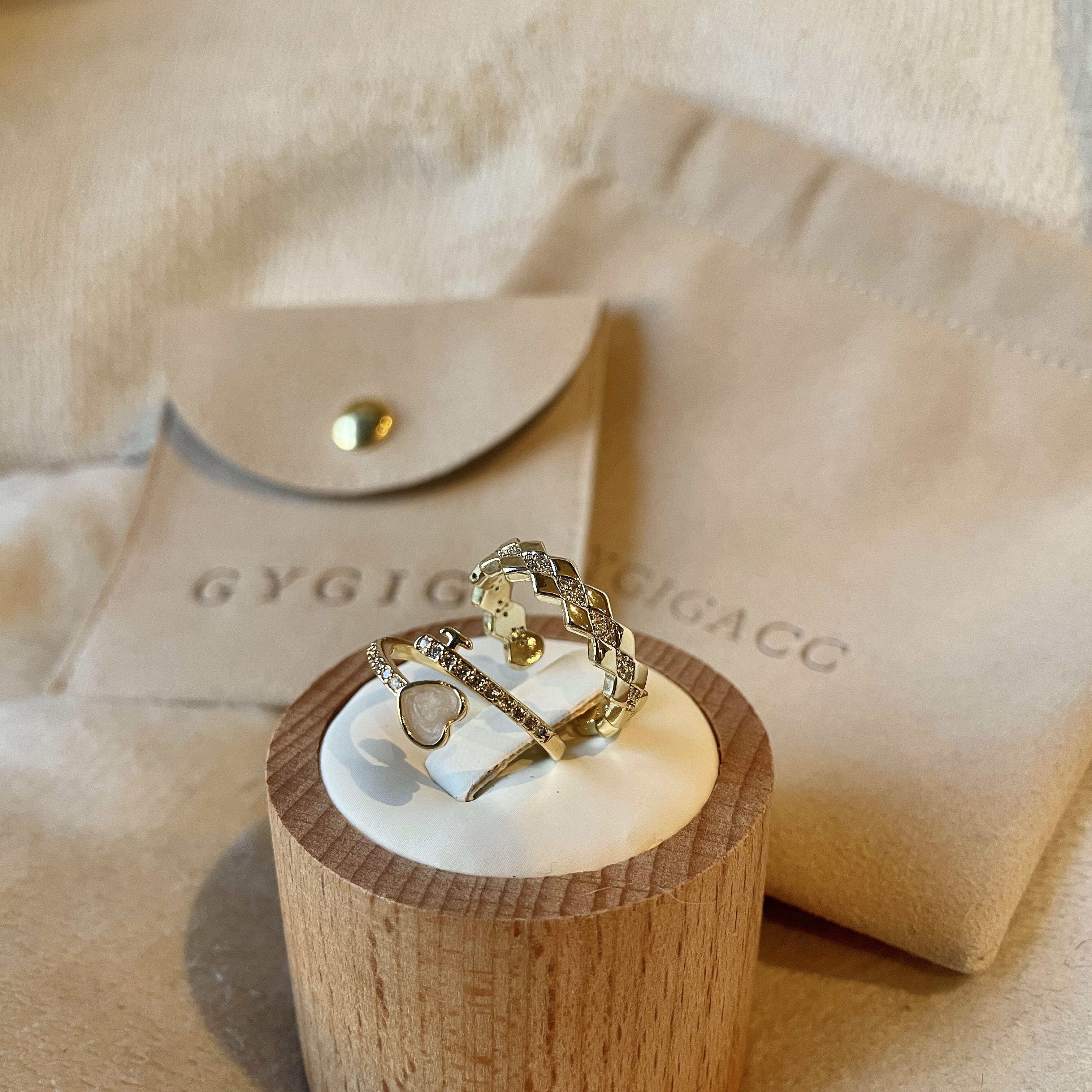 甜甜白貝心/低奢菱格開口戒組