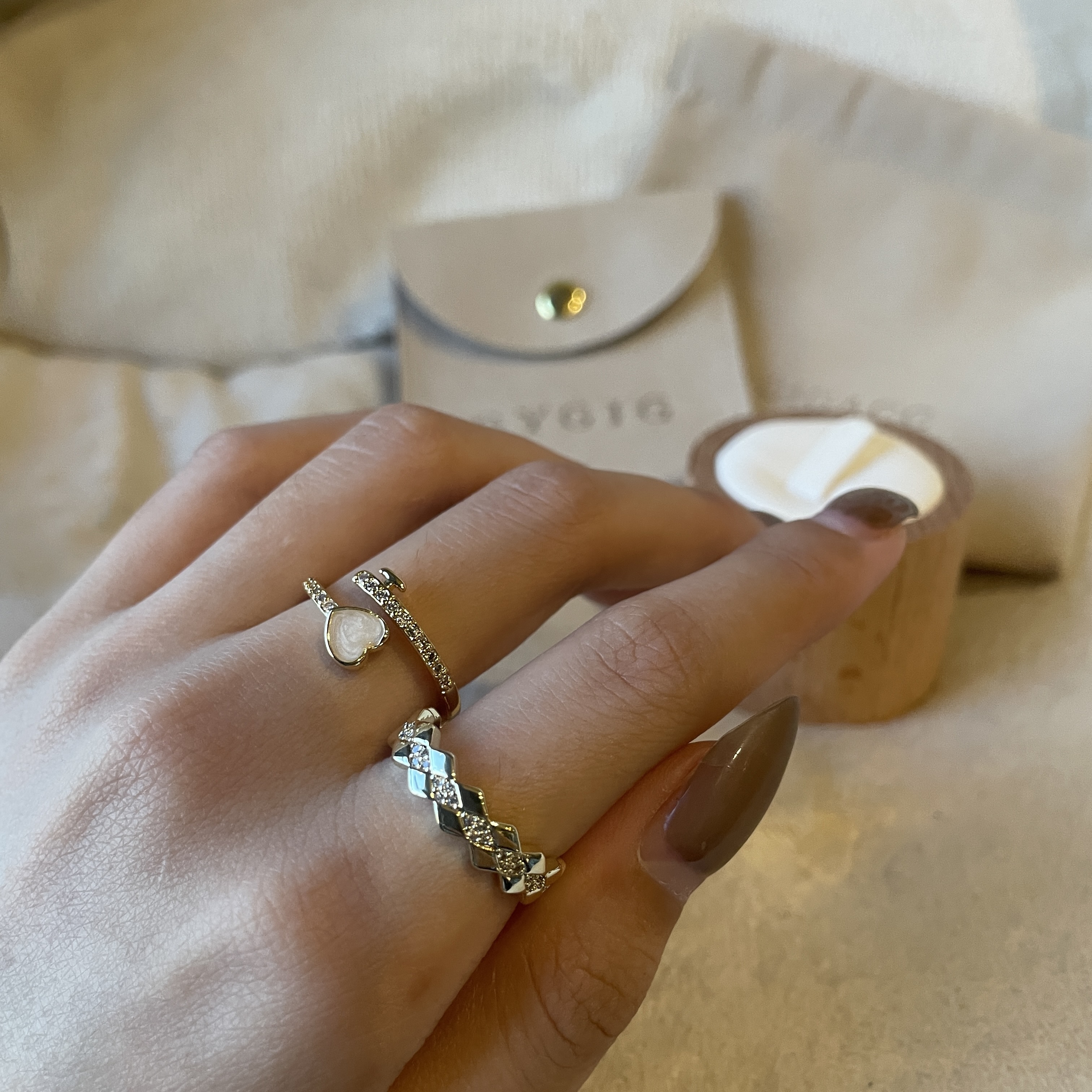 甜甜白貝心/低奢菱格開口戒組