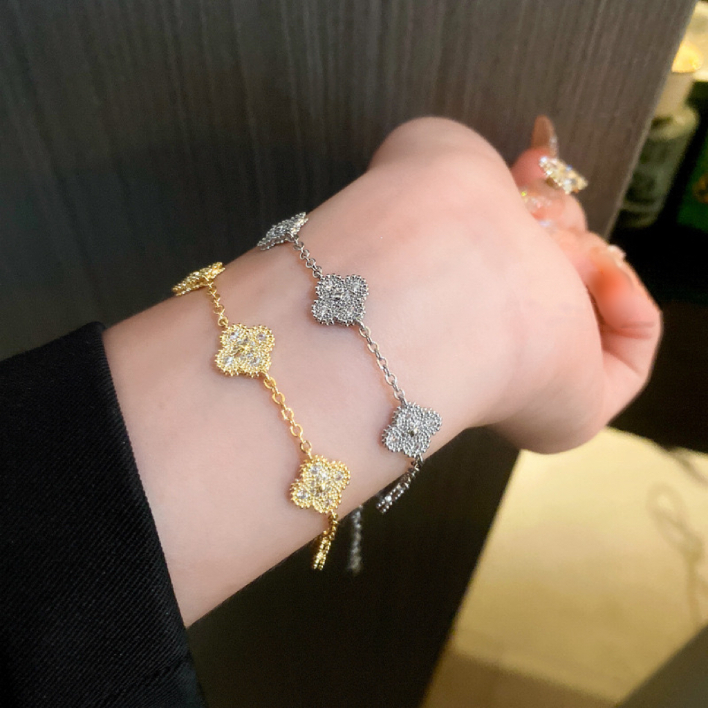 mini金銀滿鑽四葉草低奢定製手鍊