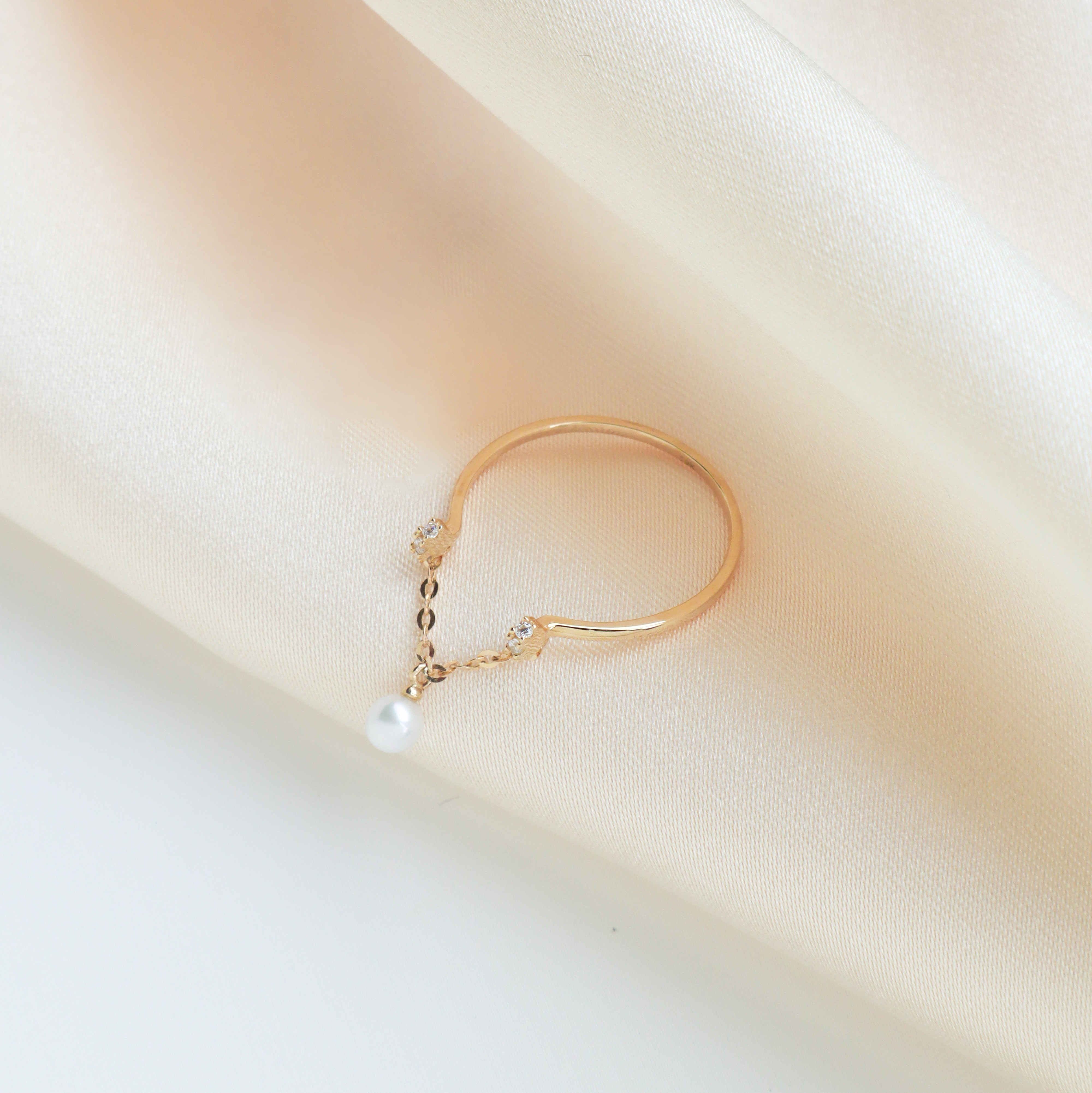 10K/珍珠鍊條戒指