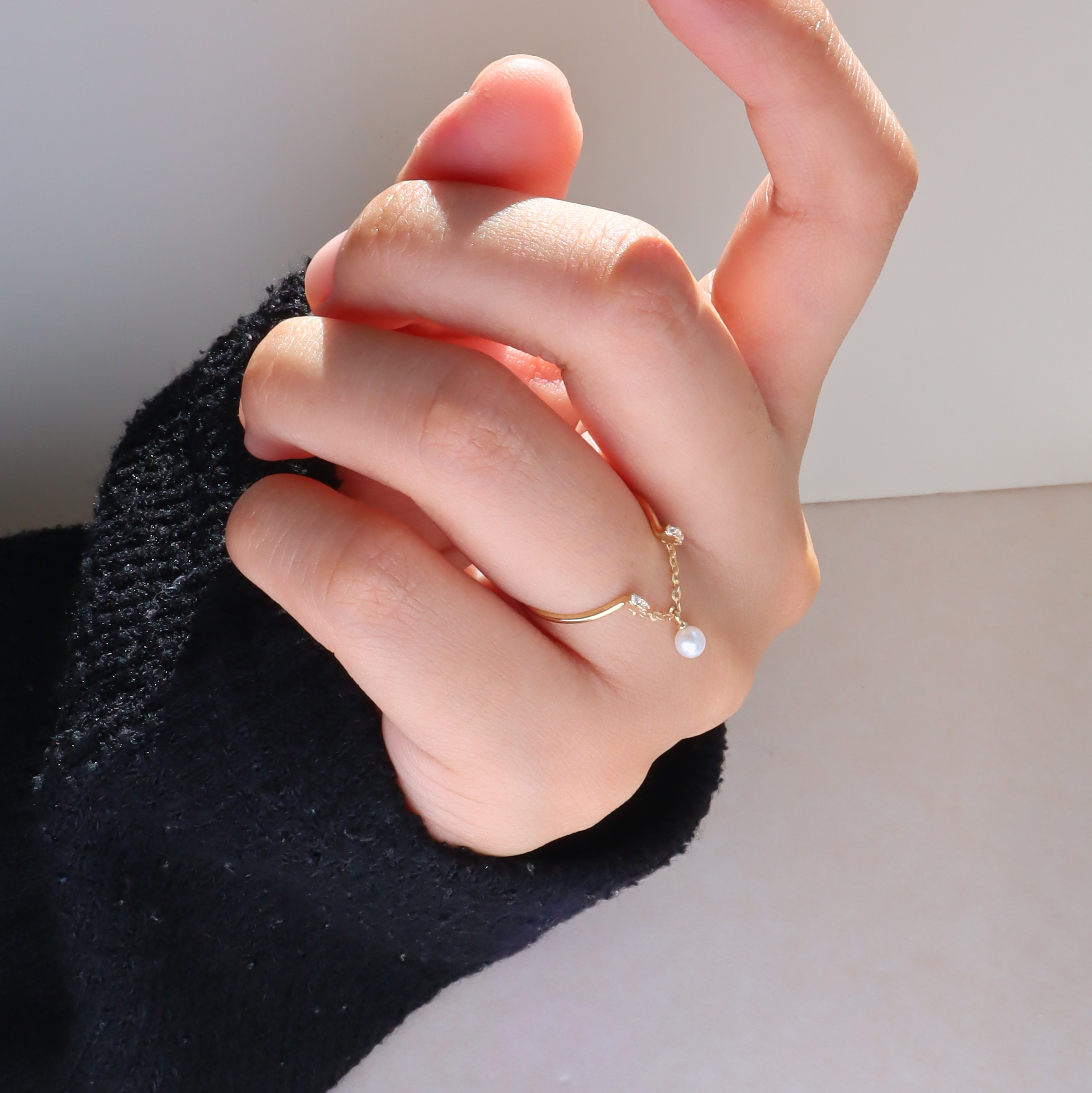 10K/珍珠鍊條戒指