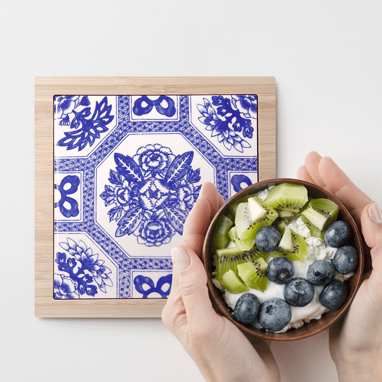 臺灣花磚竹鍋墊｜天青牡丹花磚