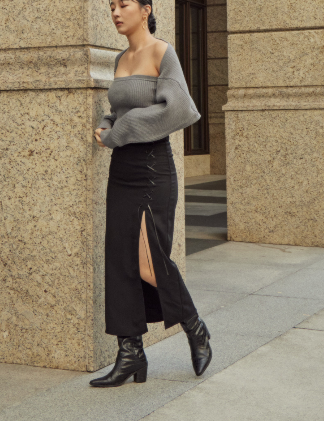 側開衩綁帶造型中長裙（4尺寸）