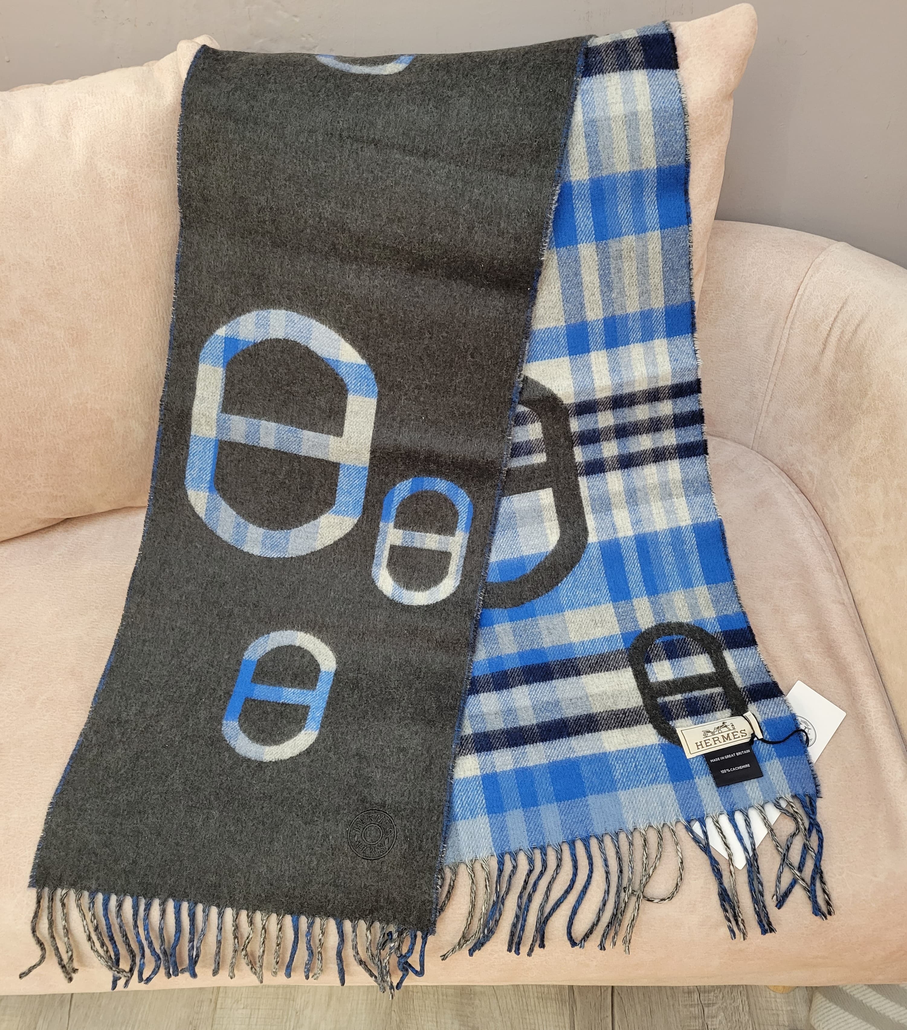 Hermes tartan maillons muffler Gris/bleu 深灰/藍 頸巾 圍巾