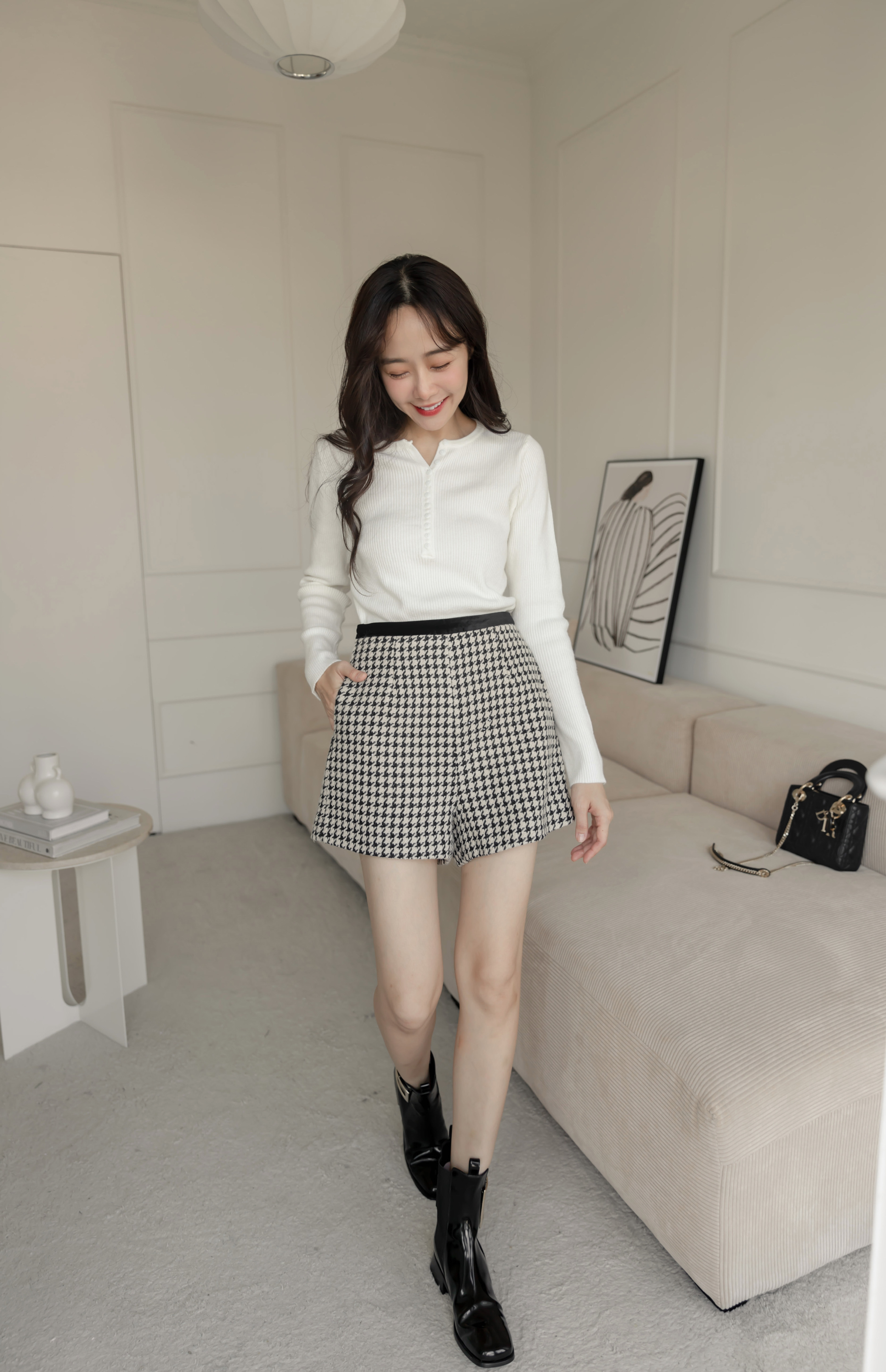 千鳥格毛呢小短褲