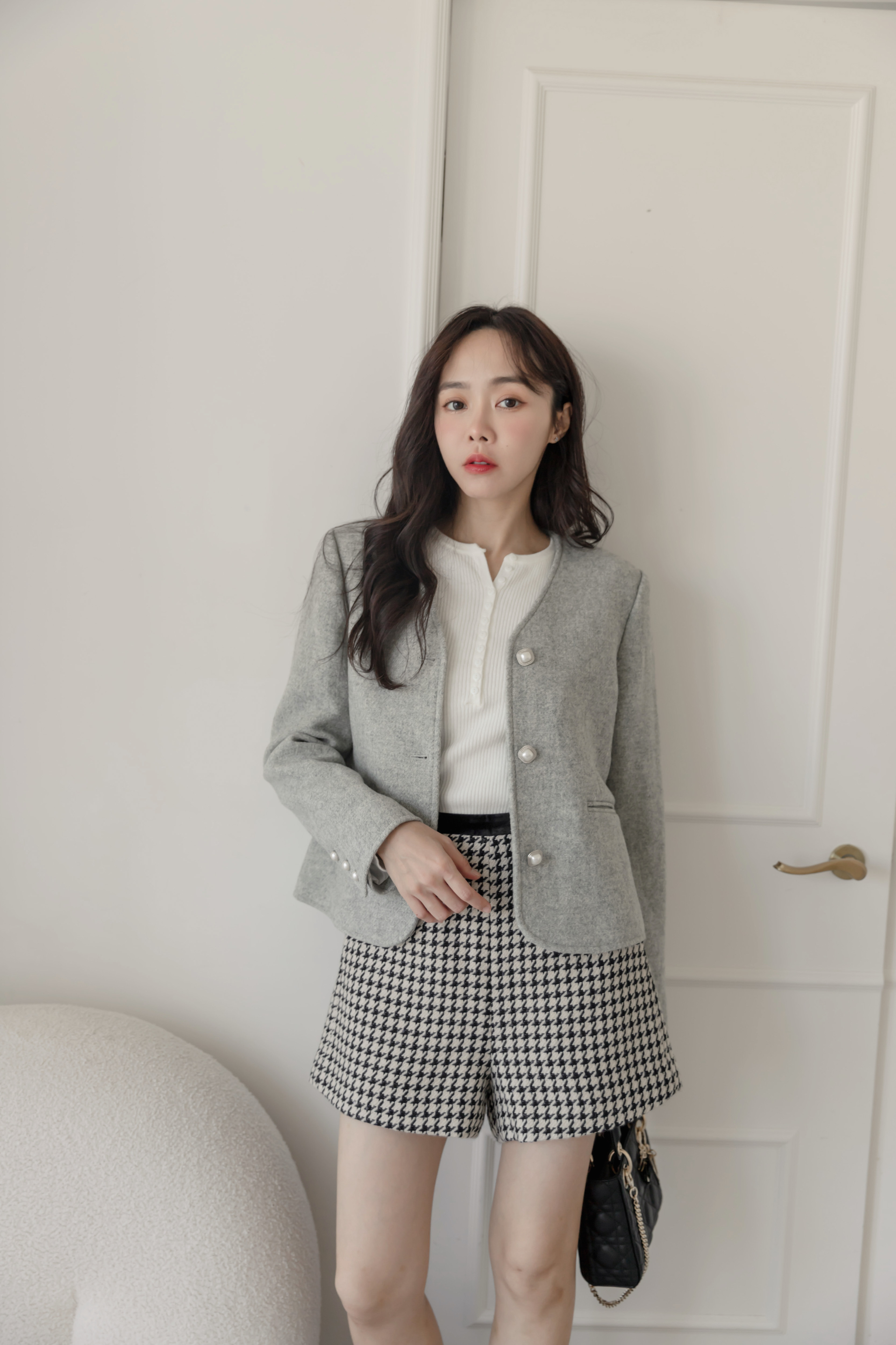 千鳥格毛呢小短褲