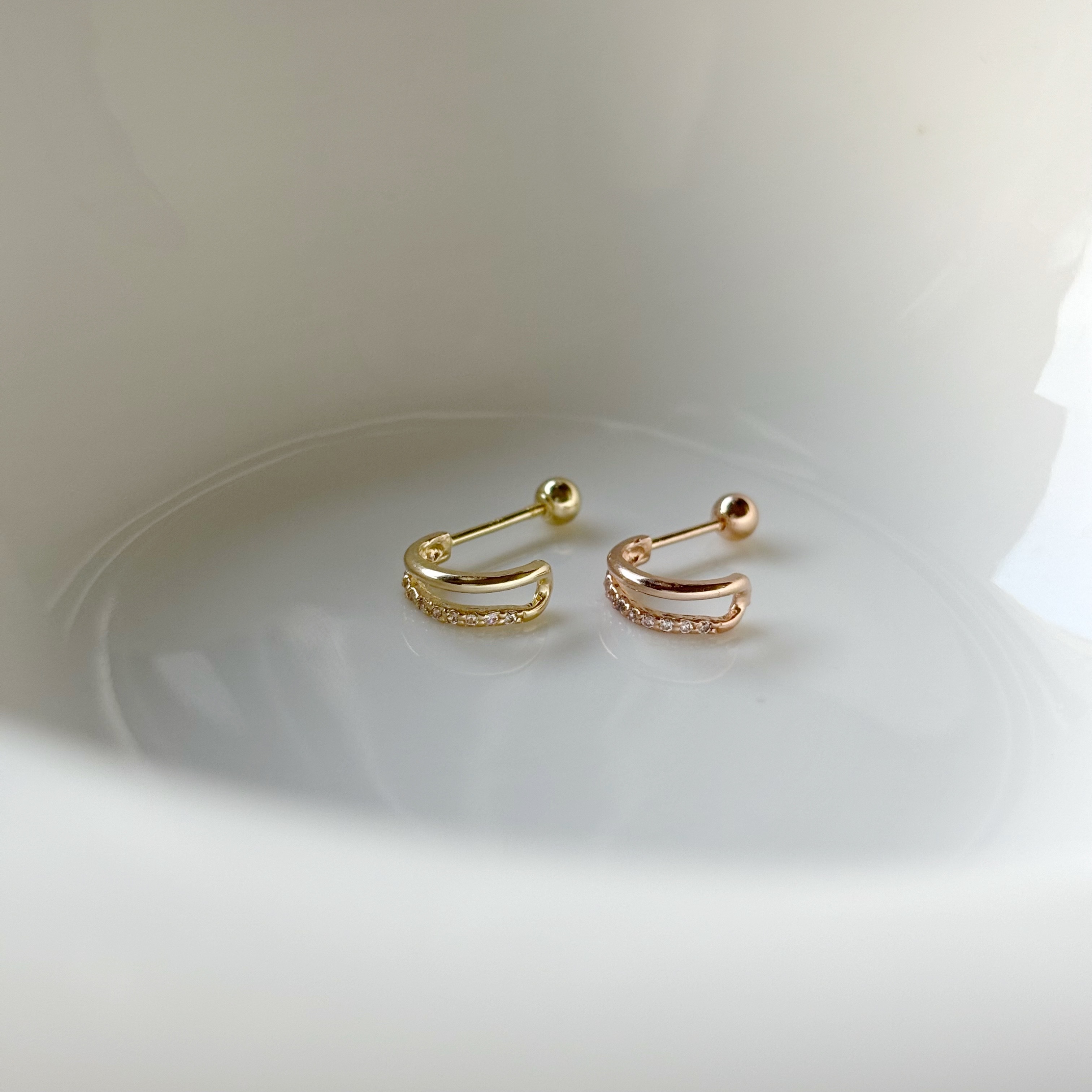 14K雙層感排鋯石轉珠耳環(單)