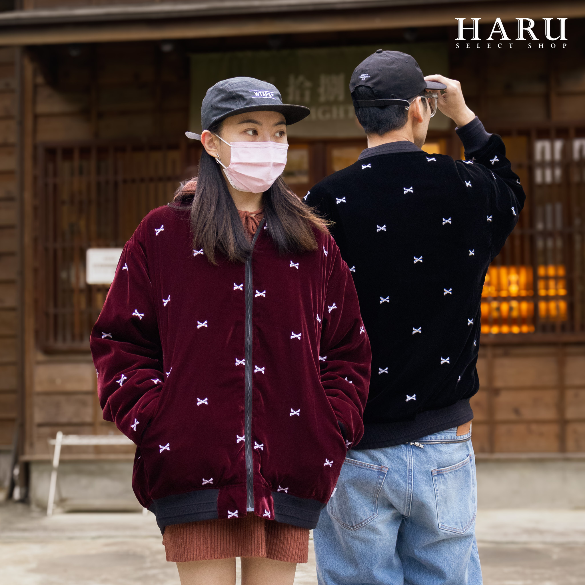 WTAPS LC / JACKET / POLY. TEXTILE 酒紅 黑色 骨頭 滿版 雙面穿 天鵝絨 男女外套夾克 飛行外套