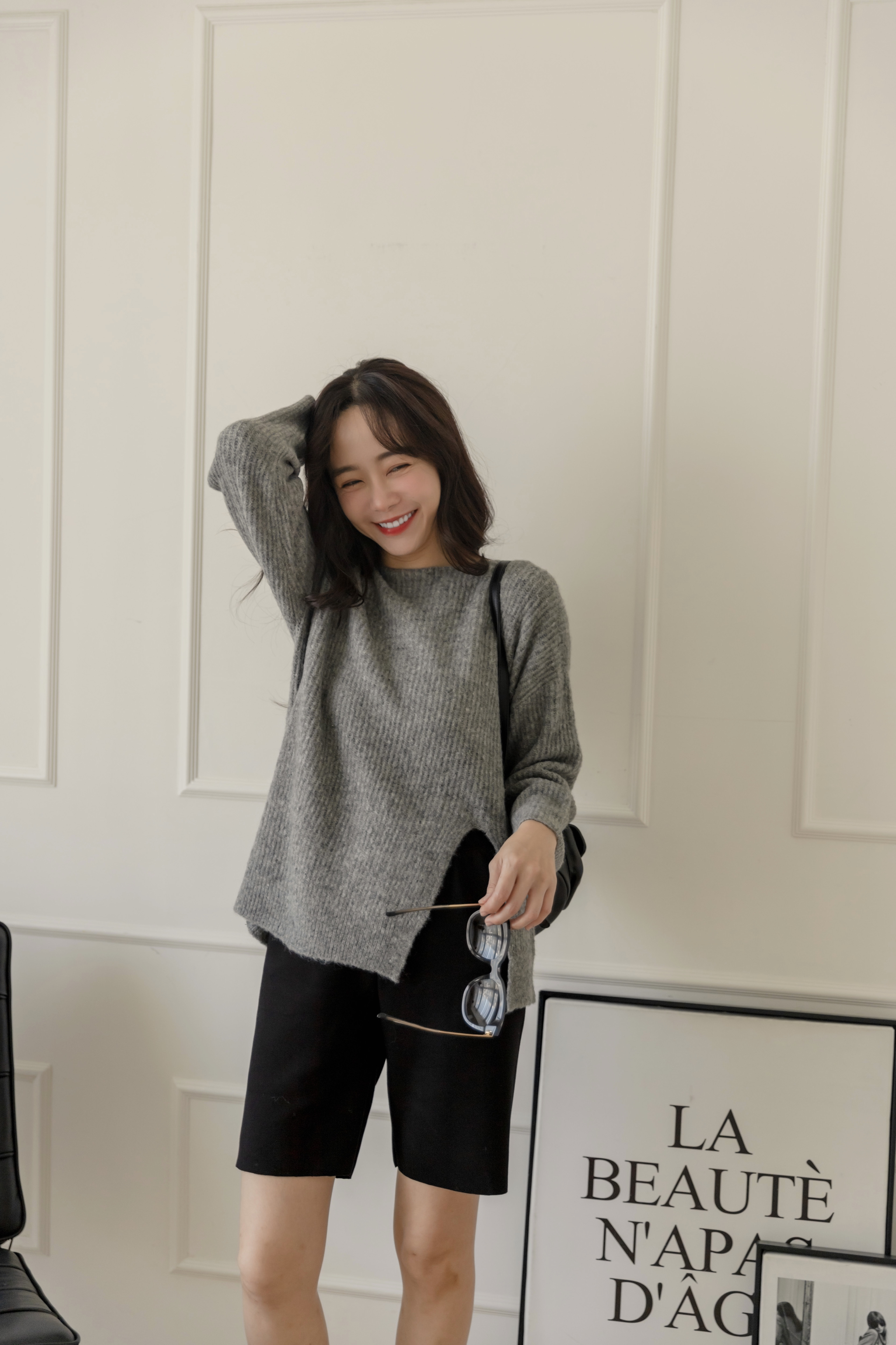 軟綿微平口開衩毛衣-深花灰