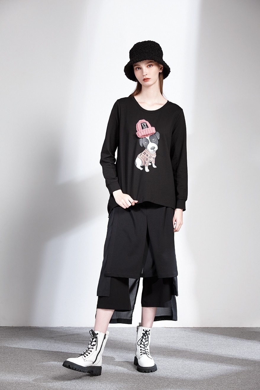 韓系時尚個性剪裁異材拼接層次修身寬褲裙T6201