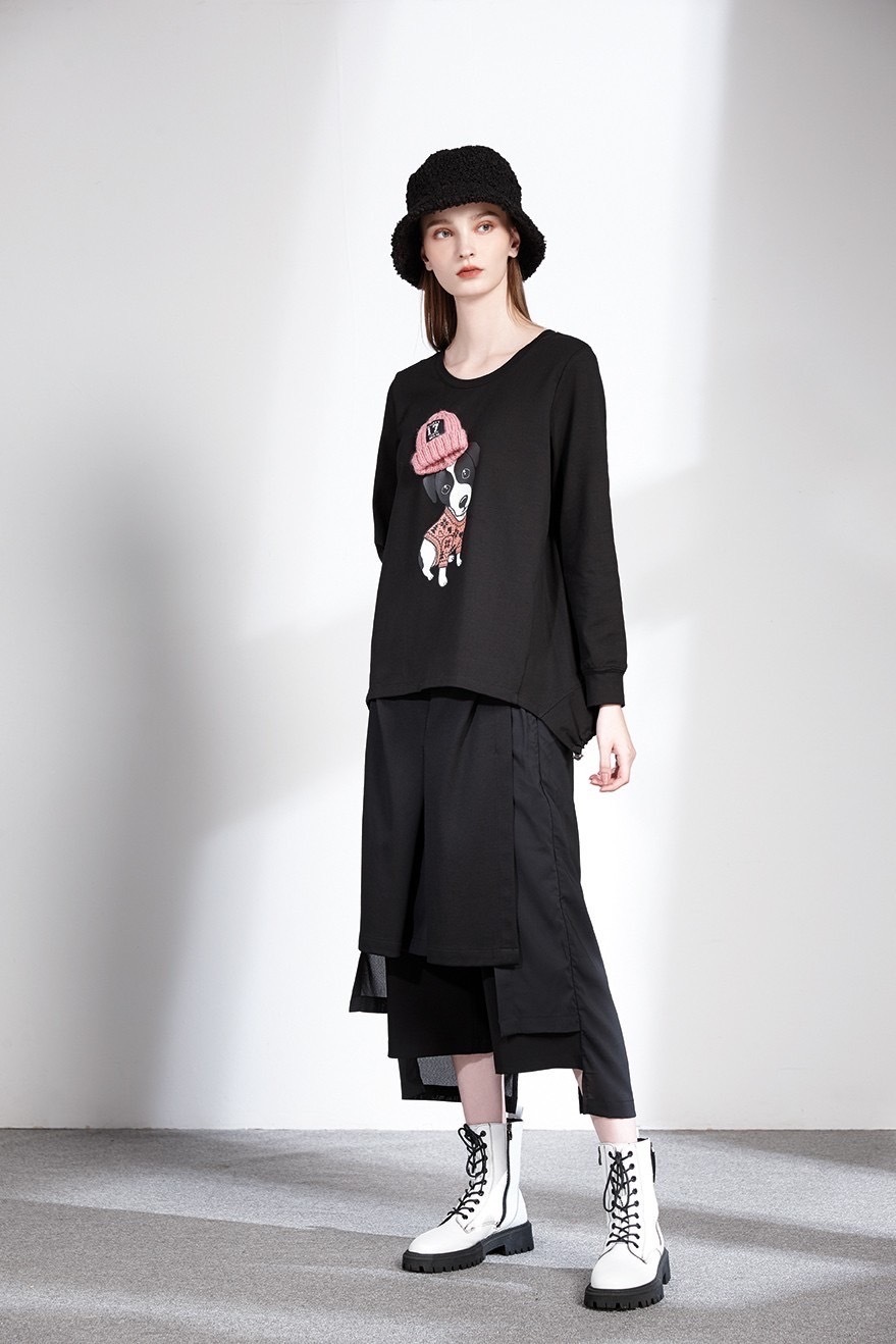 韓系時尚個性剪裁異材拼接層次修身寬褲裙T6201