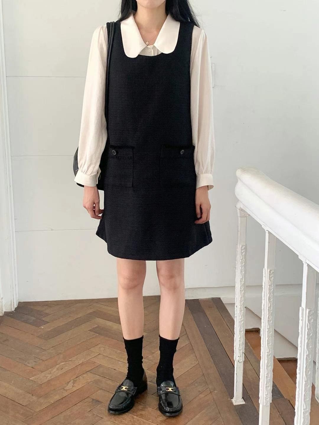 小圓領毛呢口袋背心直身裙 (2色)