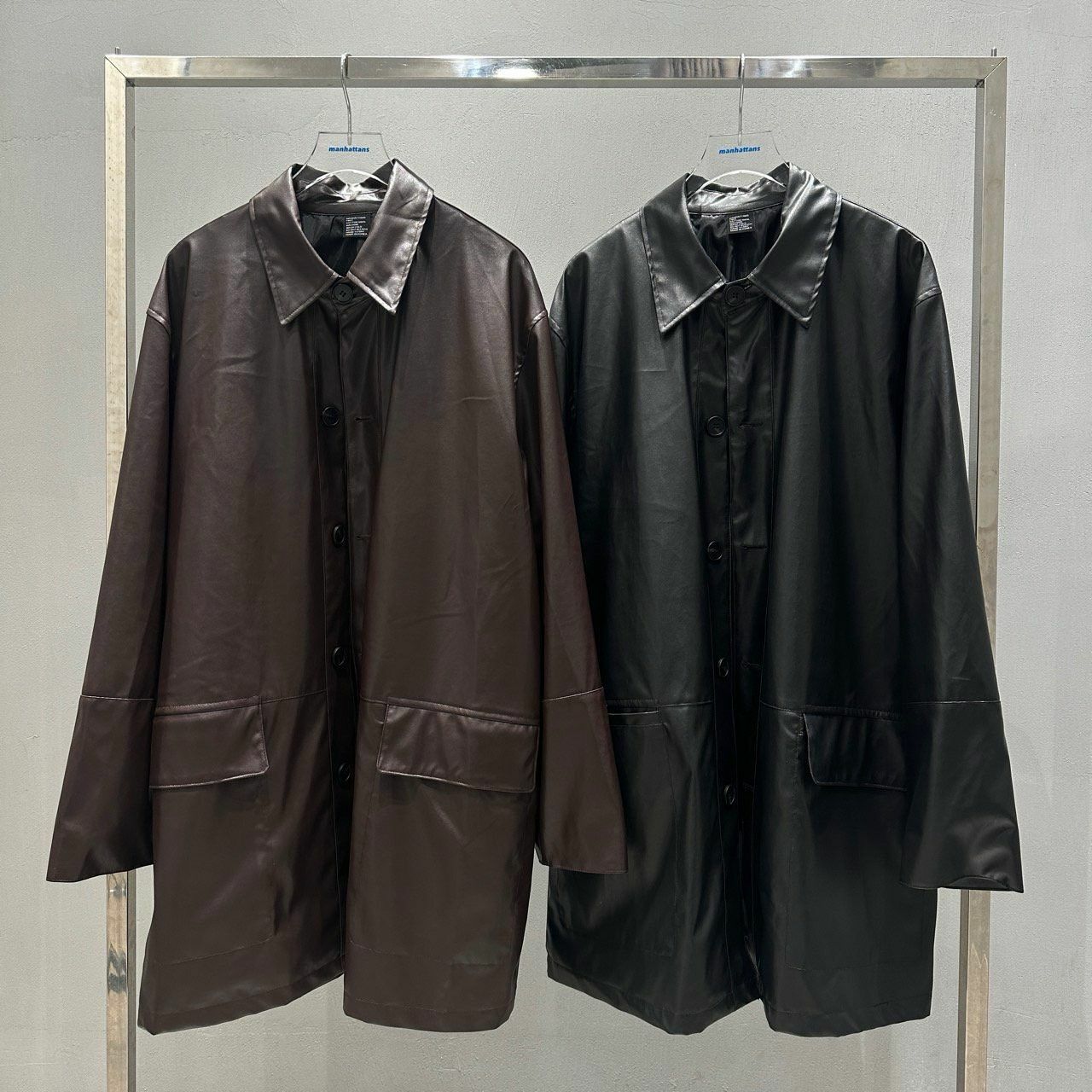反領開胸合成皮中長褸 manhattans-001JK
